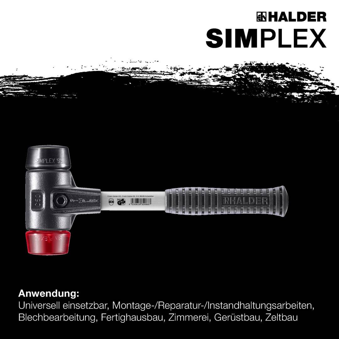 HALDER SIMPLEX Schonhammer Ø 40 mm Gummi schwarz / Plastik rot mit verstärktem Tempergussgehäuse und Fiberglasstiel