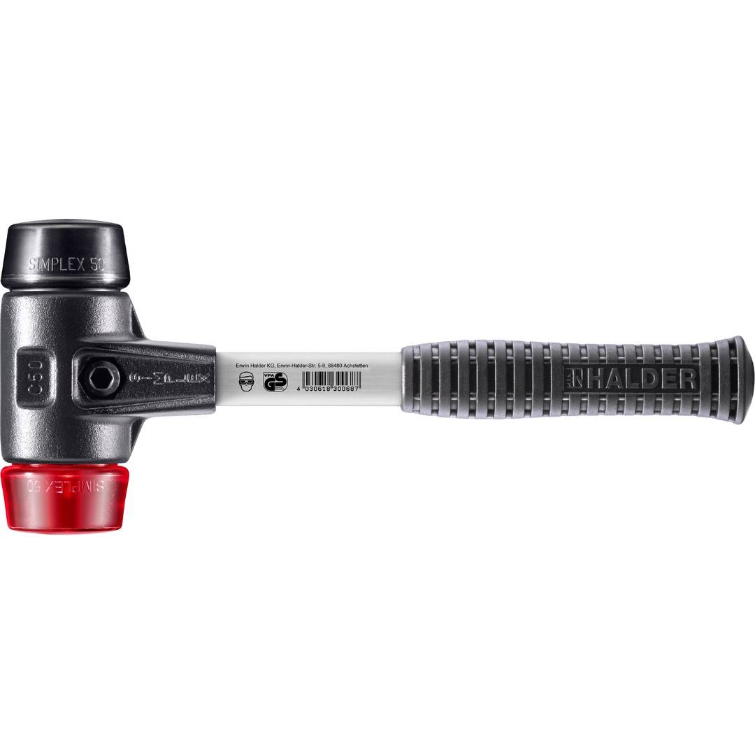HALDER SIMPLEX Schonhammer Ø 50 mm Gummi schwarz / Plastik rot mit verstärktem Tempergussgehäuse und Fiberglasstiel