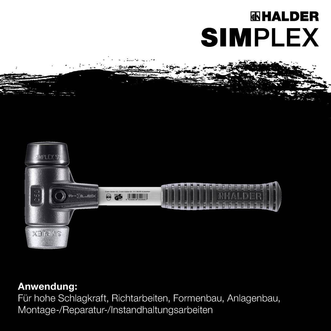 HALDER SIMPLEX Schonhammer Ø 30 mm Gummi schwarz / Weichmetall mit verstärktem Tempergussgehäuse und Fiberglasstiel
