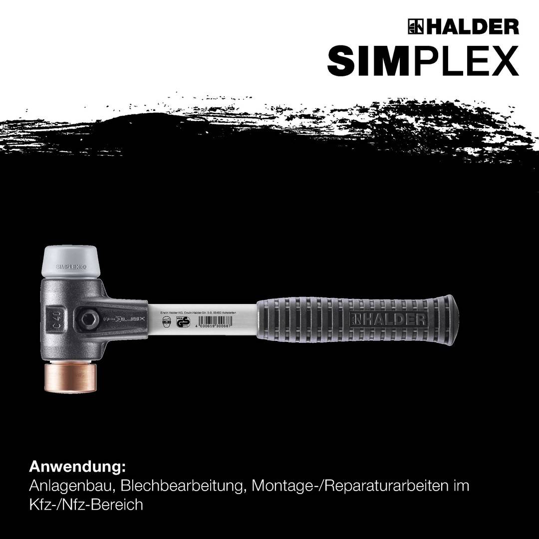 HALDER SIMPLEX Schonhammer Ø 30 mm TPE-mid grau / Kupfer mit verstärktem Tempergussgehäuse und Fiberglasstiel
