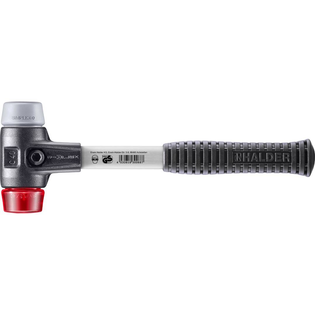 HALDER SIMPLEX Schonhammer Ø 40 mm TPE-mid grau / Plastik rot mit verstärktem Tempergussgehäuse und Fiberglasstiel