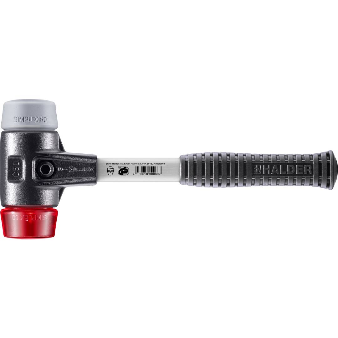HALDER SIMPLEX Schonhammer Ø 50 mm TPE-mid grau / Plastik rot mit verstärktem Tempergussgehäuse und Fiberglasstiel