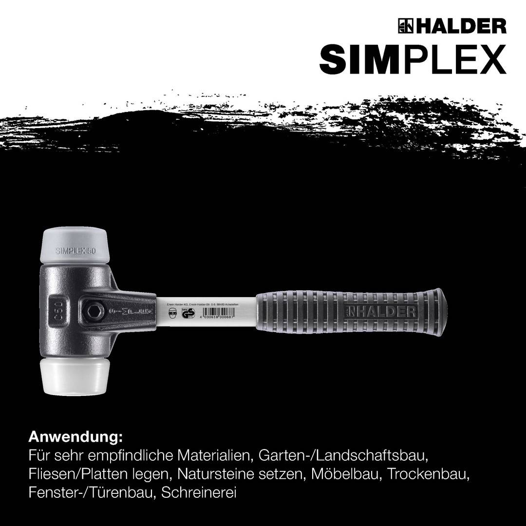 HALDER SIMPLEX Schonhammer Ø 40 mm TPE-mid grau / Superplastik mit verstärktem Tempergussgehäuse und Fiberglasstiel