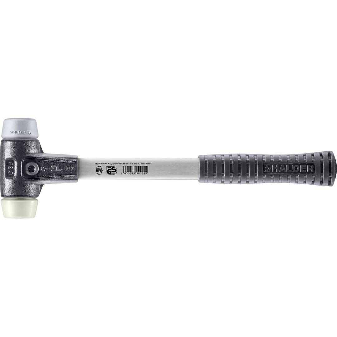 HALDER SIMPLEX Schonhammer Ø 30 mm TPE-mid grau / Nylon mit verstärktem Tempergussgehäuse und Fiberglasstiel