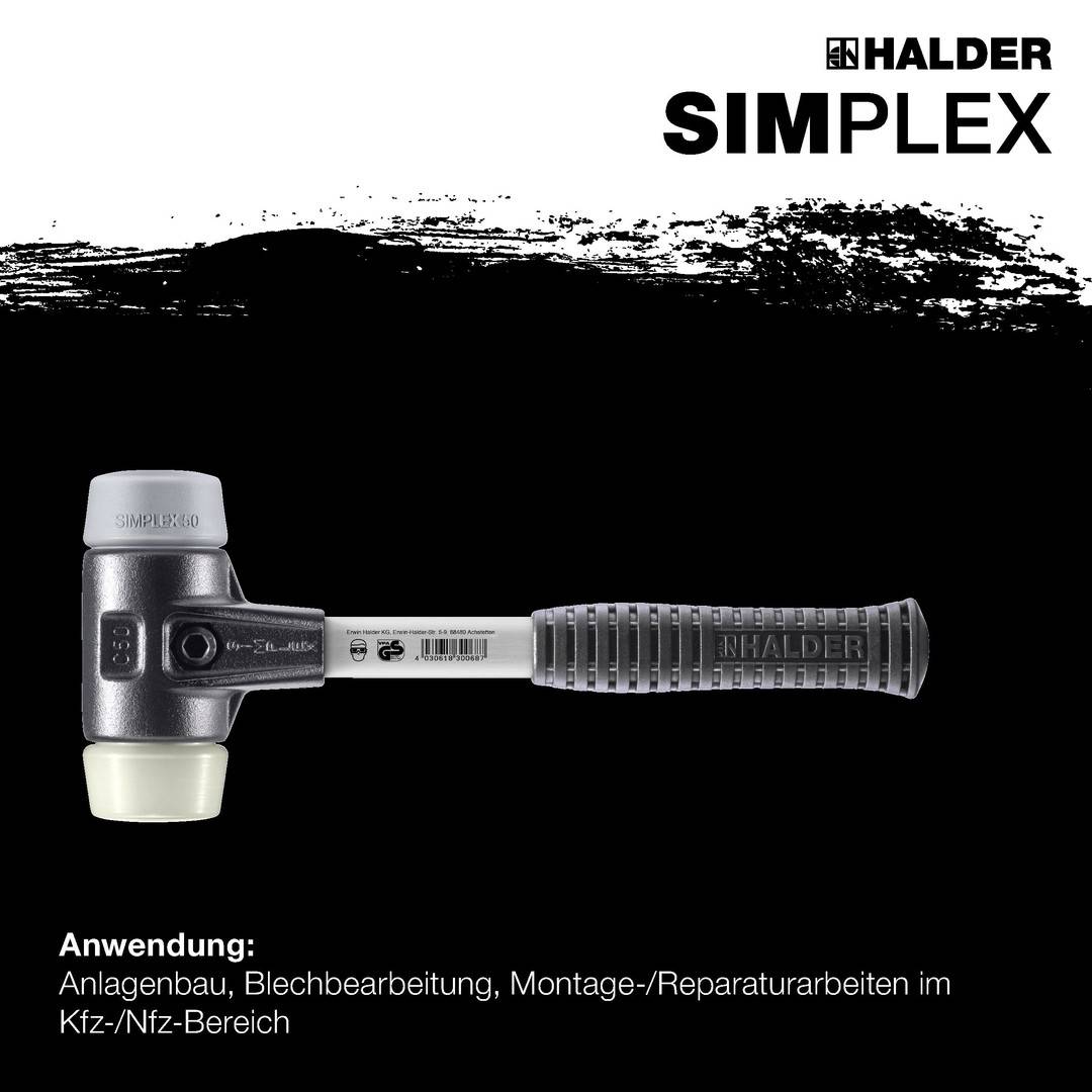 HALDER SIMPLEX Schonhammer Ø 40 mm TPE-mid grau / Nylon mit verstärktem Tempergussgehäuse und Fiberglasstiel