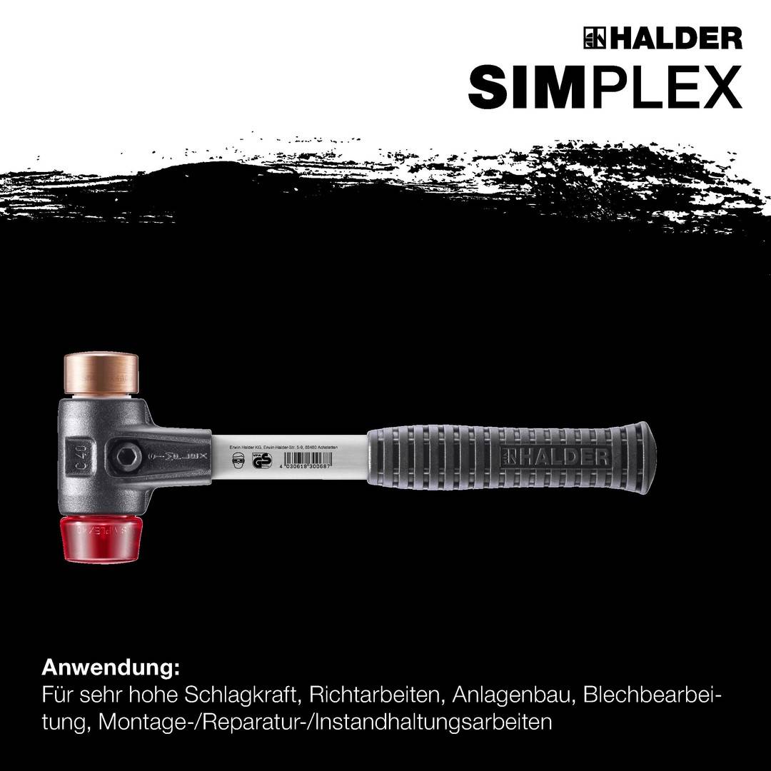 HALDER SIMPLEX Schonhammer Ø 30 mm Kupfer / Plastik rot mit verstärktem Tempergussgehäuse und Fiberglasstiel