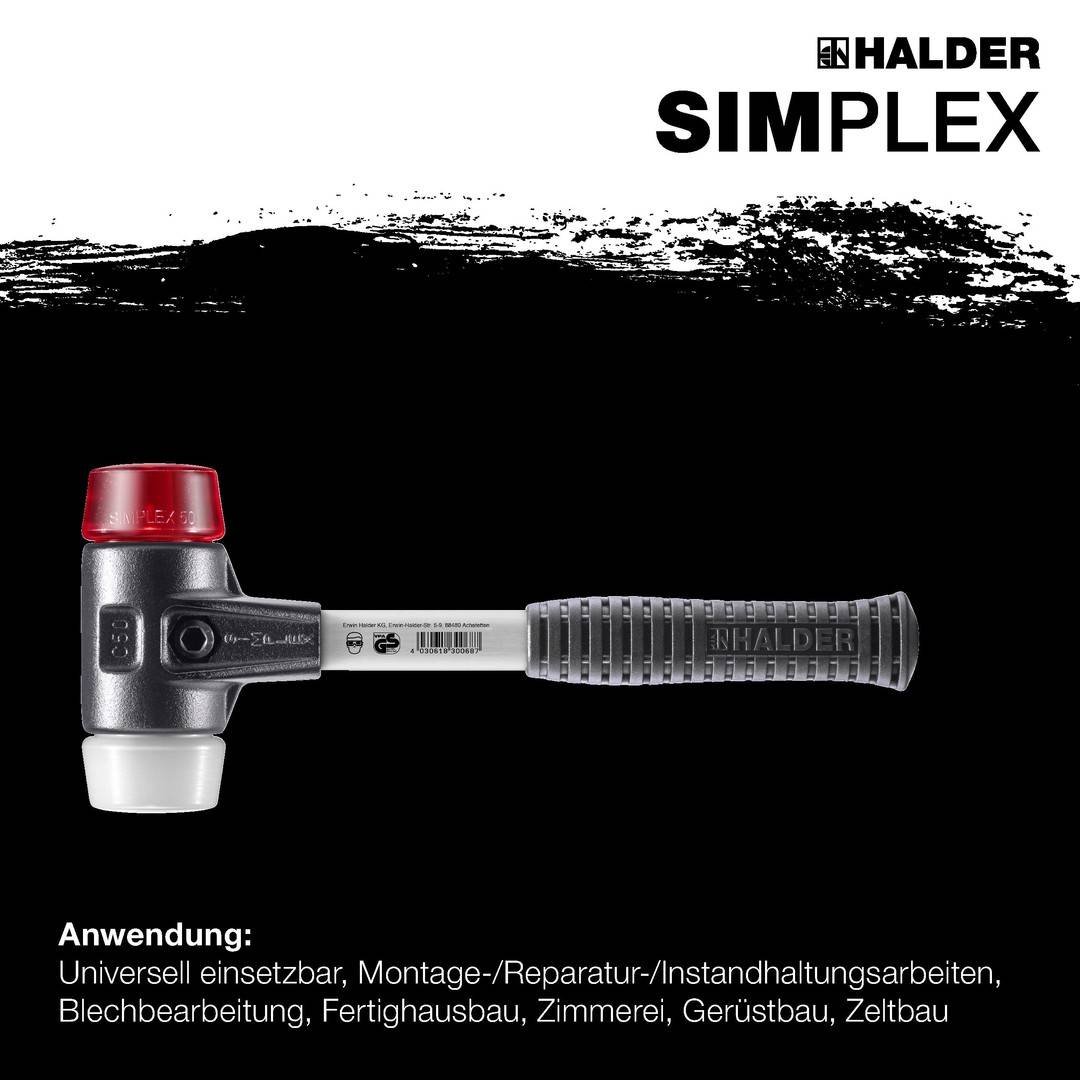 HALDER SIMPLEX Schonhammer Ø 50 mm Plastik rot / Superplastik mit verstärktem Tempergussgehäuse und Fiberglasstiel