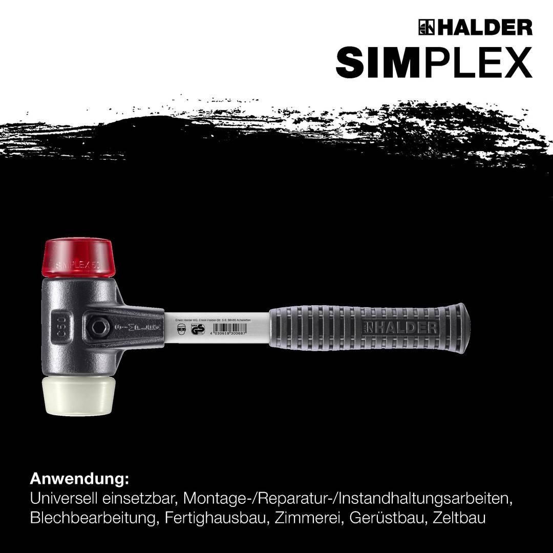 HALDER SIMPLEX Schonhammer Ø 40 mm Plastik rot / Nylon mit verstärktem Tempergussgehäuse und Fiberglasstiel