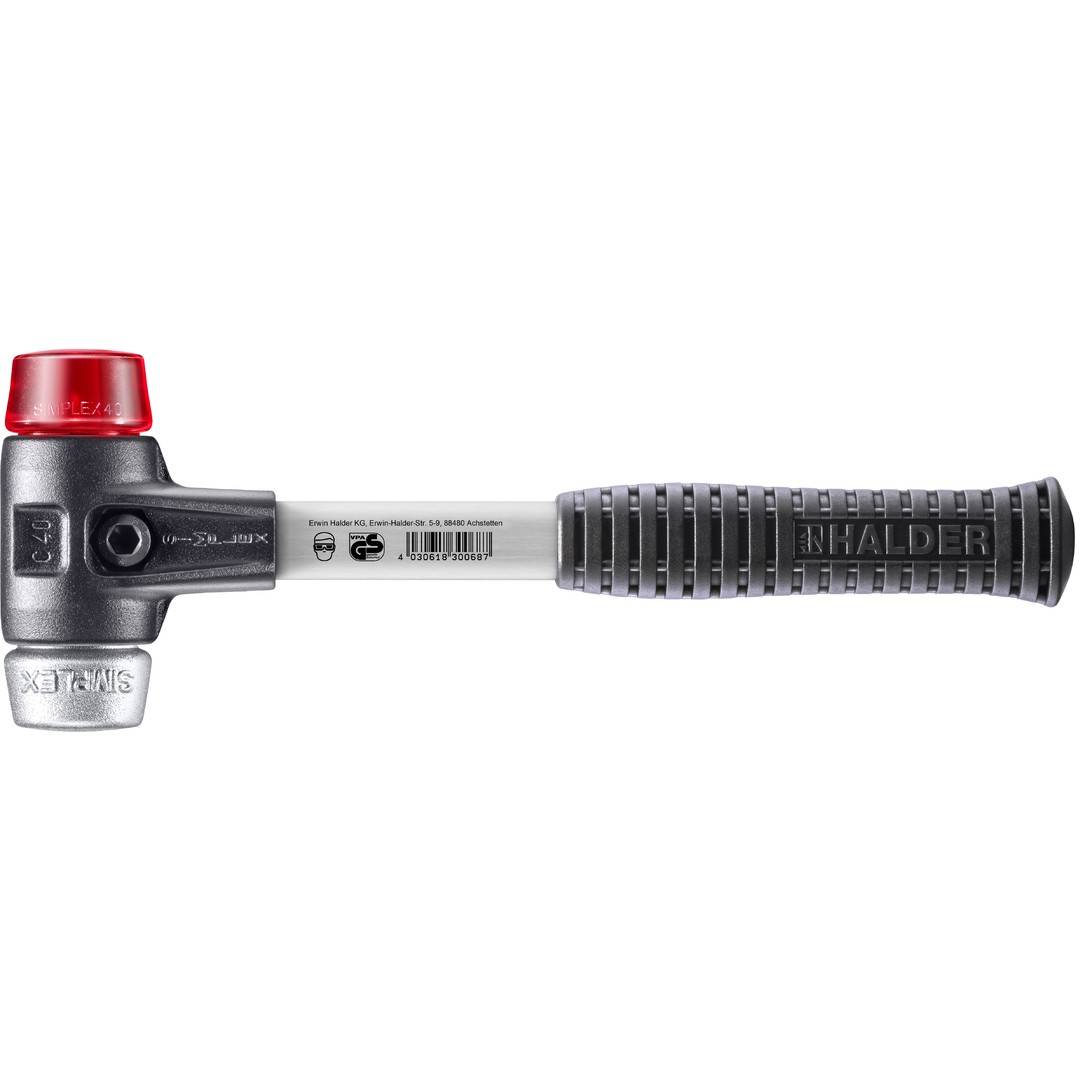 HALDER SIMPLEX Schonhammer Ø 40 mm Plastik rot / Weichmetall mit verstärktem Tempergussgehäuse und Fiberglasstiel