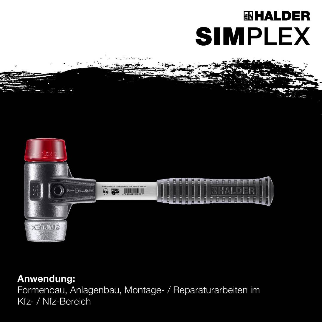 HALDER SIMPLEX Schonhammer Ø 30 mm Plastik rot / Weichmetall mit verstärktem Tempergussgehäuse und Fiberglasstiel