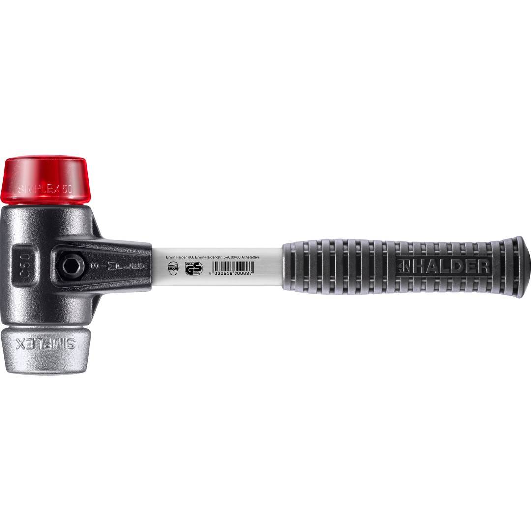 HALDER SIMPLEX Schonhammer Ø 50 mm Plastik rot / Weichmetall mit verstärktem Tempergussgehäuse und Fiberglasstiel