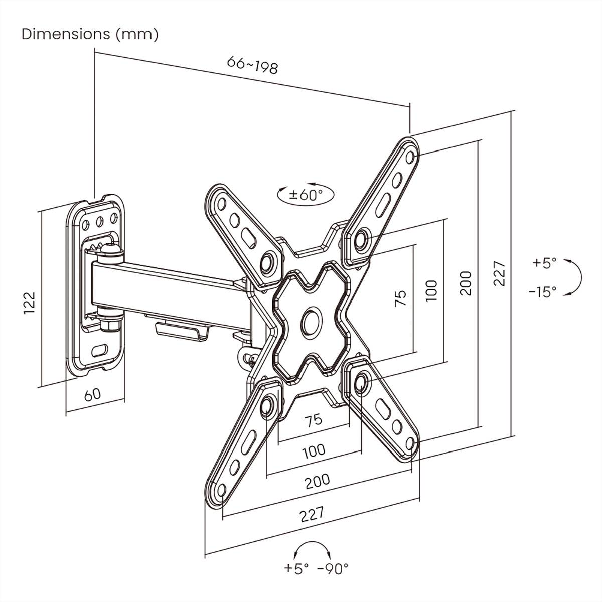 VALUE TV-Wandhalterung, 2 Drehpunkte, 13-43 Zoll, bis 20 kg