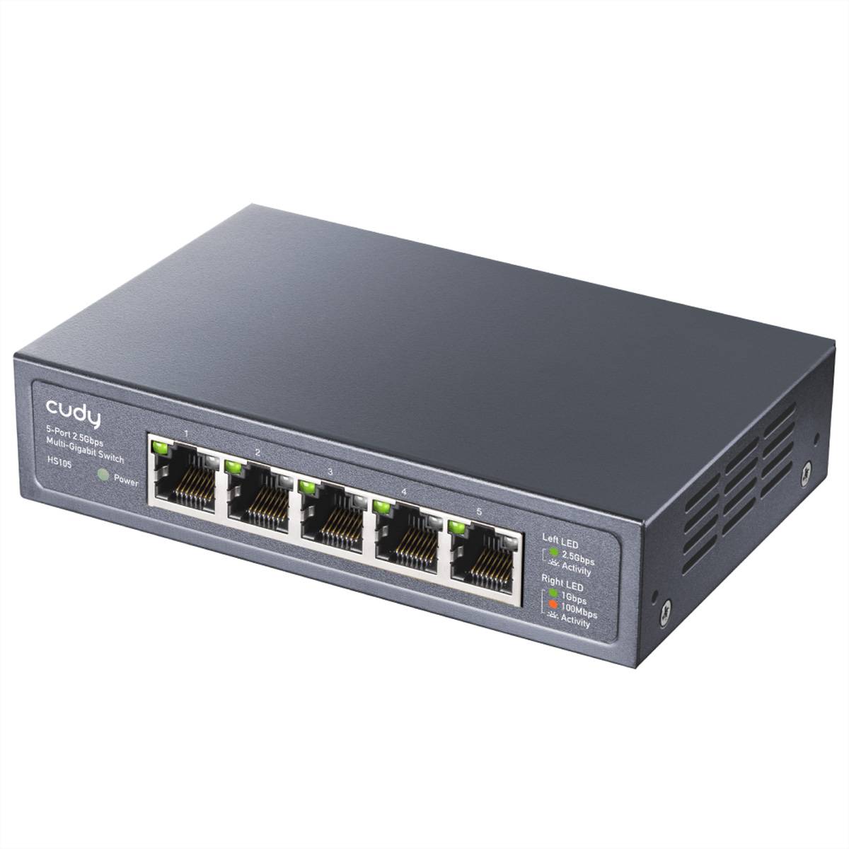 Cudy 5-Port-Ethernet-Switch mit fünf RJ45-Anschlüssen, Status-LEDs und Stromindikator in einem kompakten Metallgehäuse für den Schreibtisch.