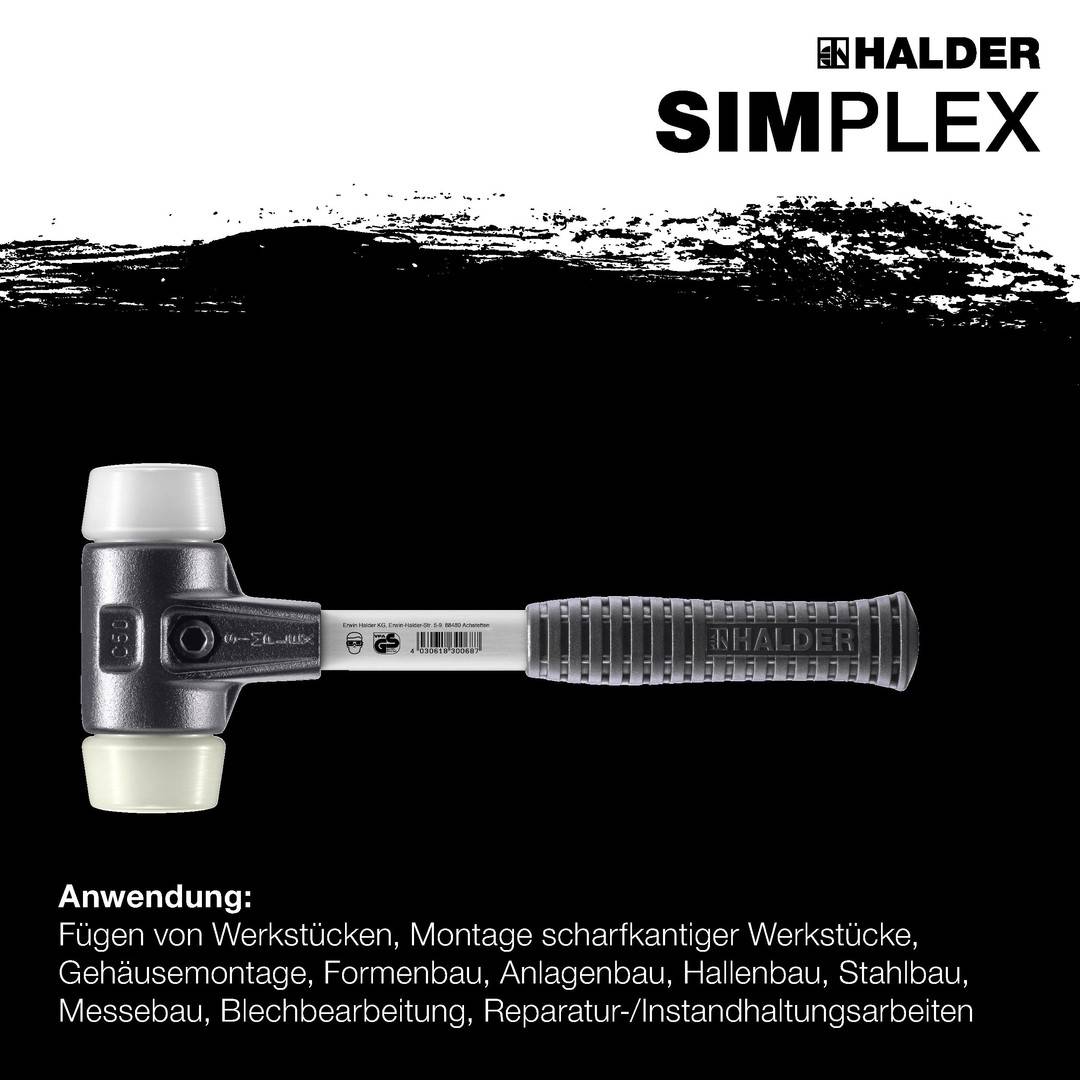 HALDER SIMPLEX Schonhammer Ø 50 mm Superplastik / Nylon mit verstärktem Tempergussgehäuse und Fiberglasstiel