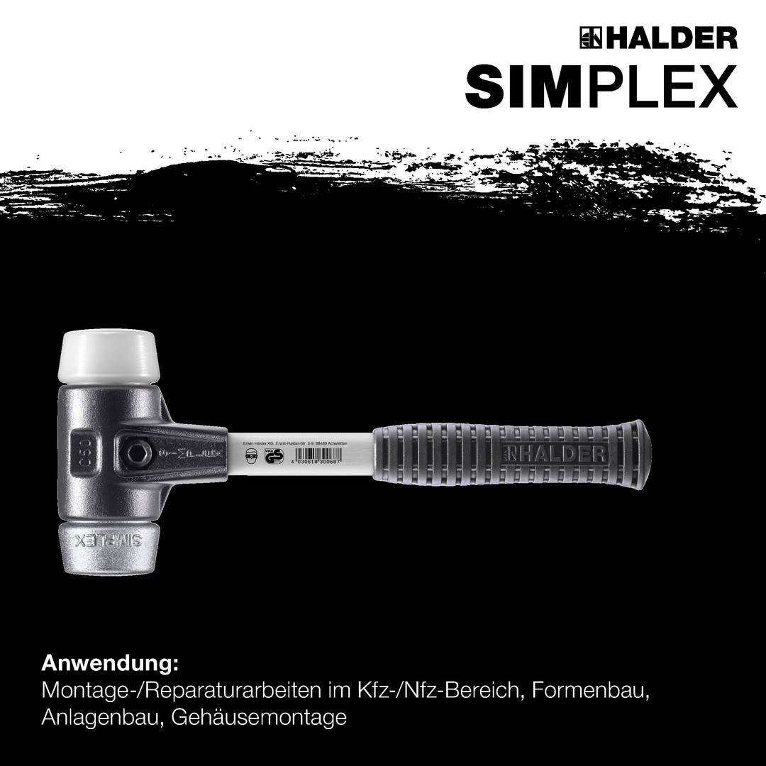 HALDER SIMPLEX Schonhammer Ø 50 mm Superplastik / Weichmetall mit verstärktem Tempergussgehäuse und Fiberglasstiel