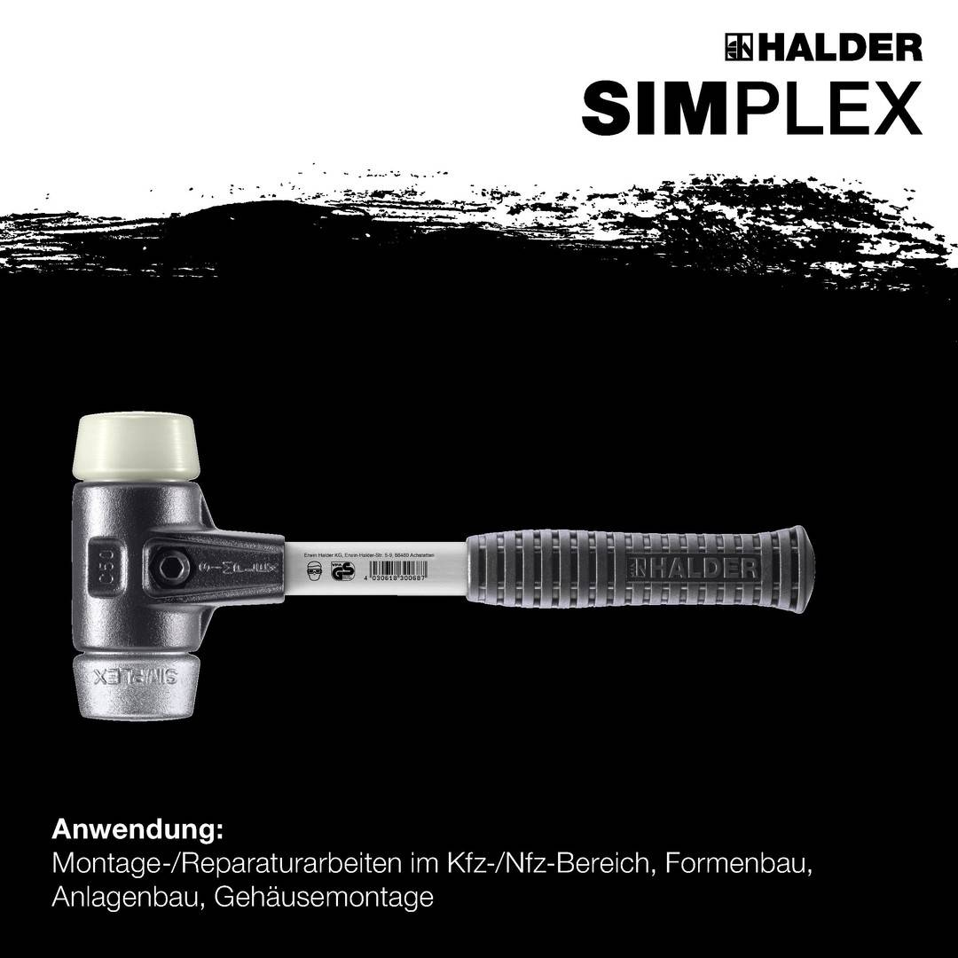 HALDER SIMPLEX Schonhammer Ø 60 mm Nylon / Weichmetall mit verstärktem Tempergussgehäuse und Fiberglasstiel