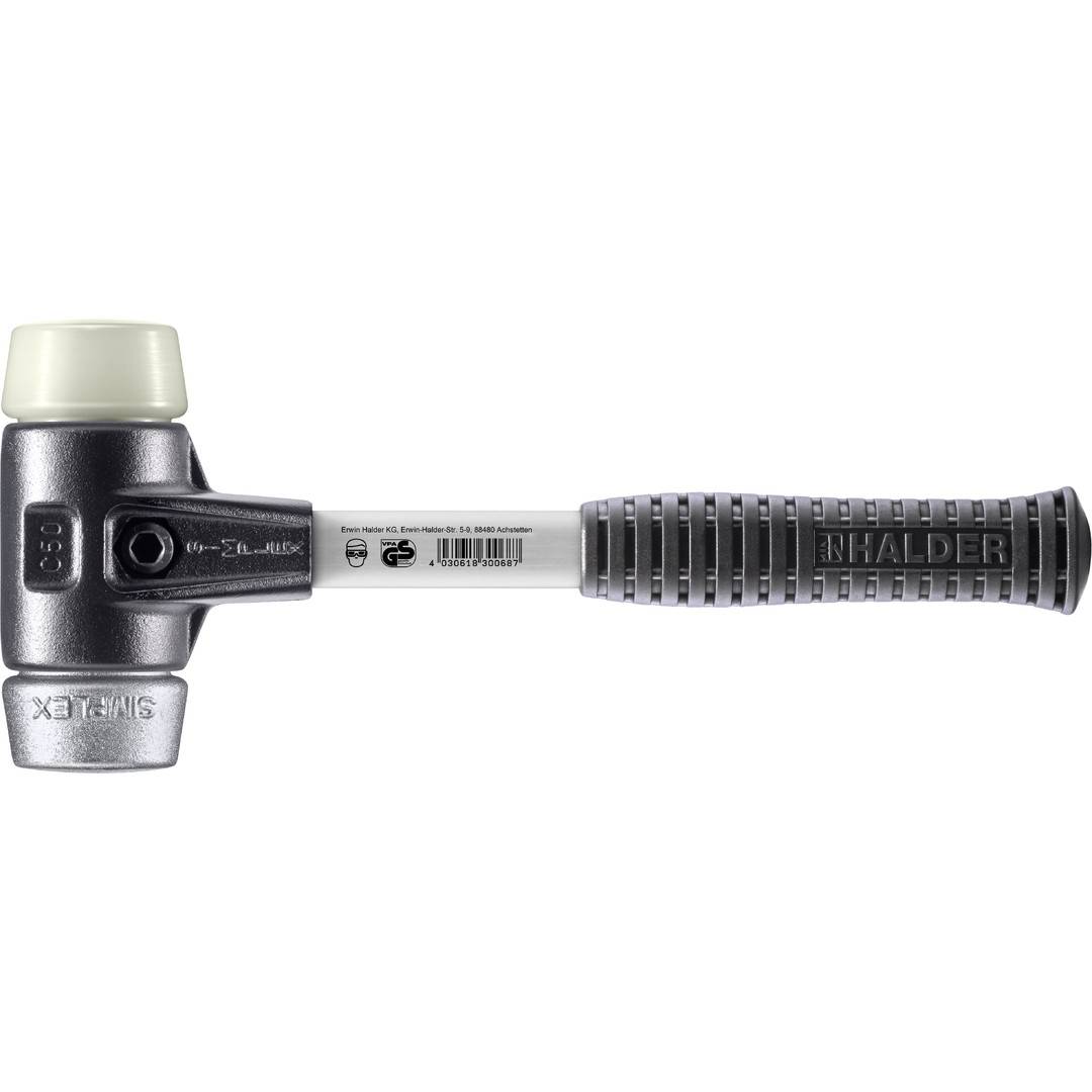HALDER SIMPLEX Schonhammer Ø 50 mm Nylon / Weichmetall mit verstärktem Tempergussgehäuse und Fiberglasstiel
