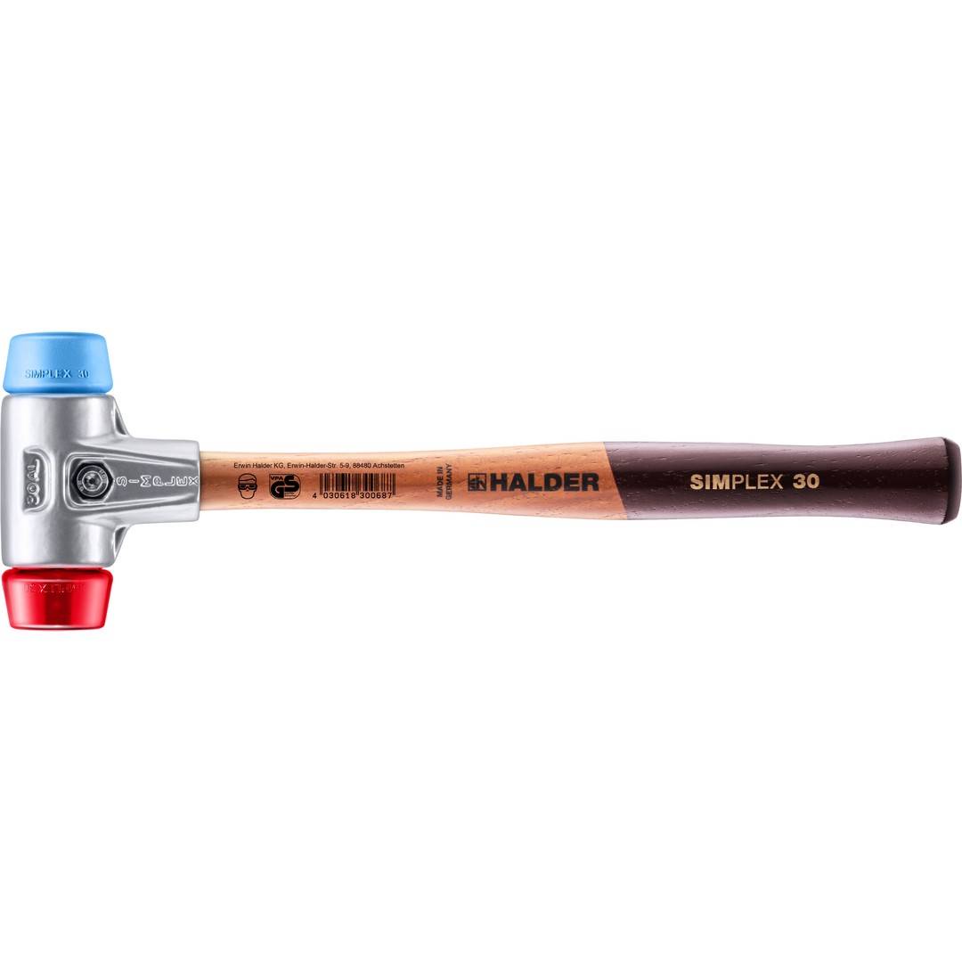 HALDER SIMPLEX Schonhammer Ø 30 mm TPE-soft blau / Plastik rot mit Aluminiumgehäuse