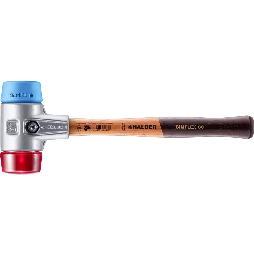 HALDER SIMPLEX Schonhammer Ø 60 mm TPE-soft blau / Plastik rot mit Aluminiumgehäuse