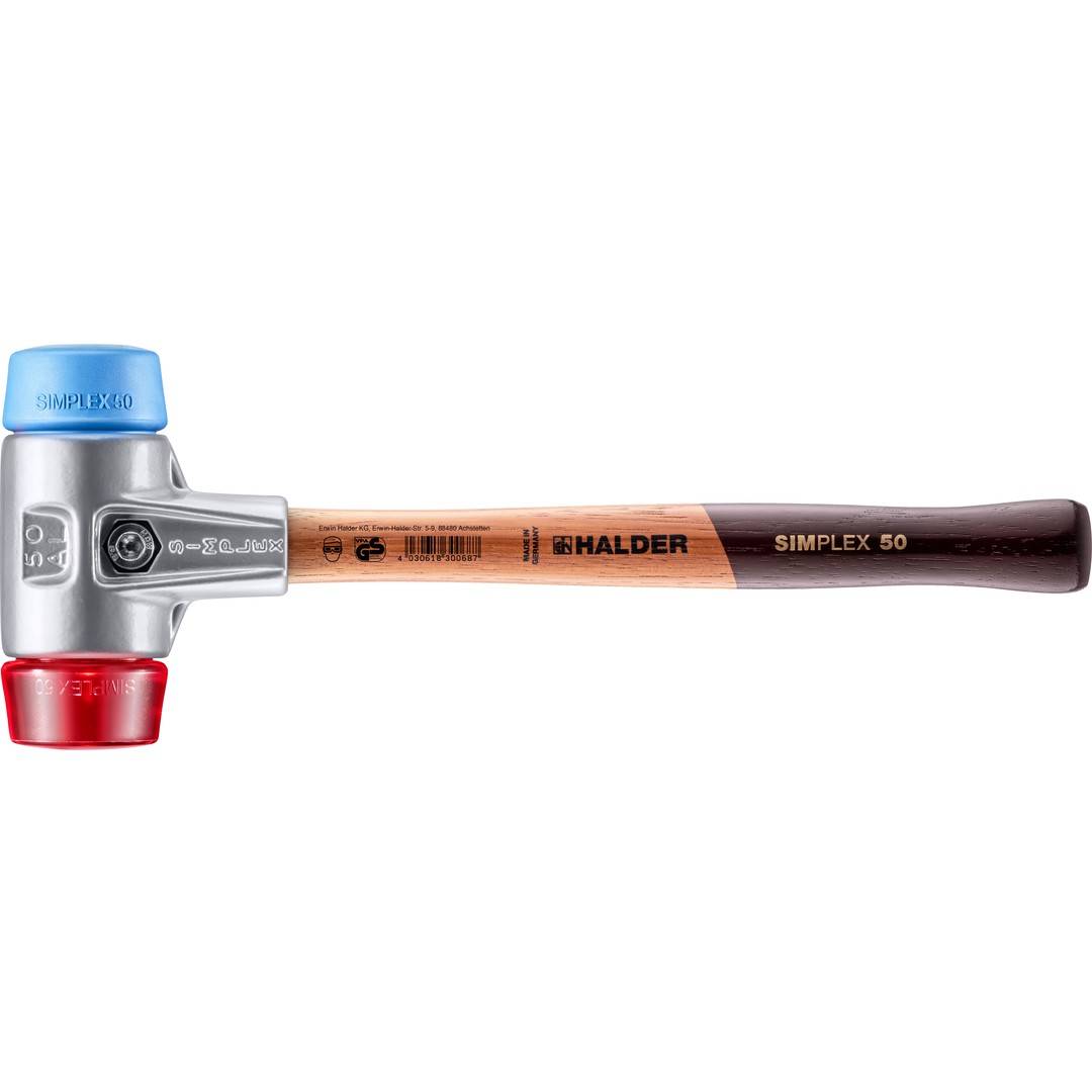 HALDER SIMPLEX Schonhammer Ø 50 mm TPE-soft blau / Plastik rot mit Aluminiumgehäuse