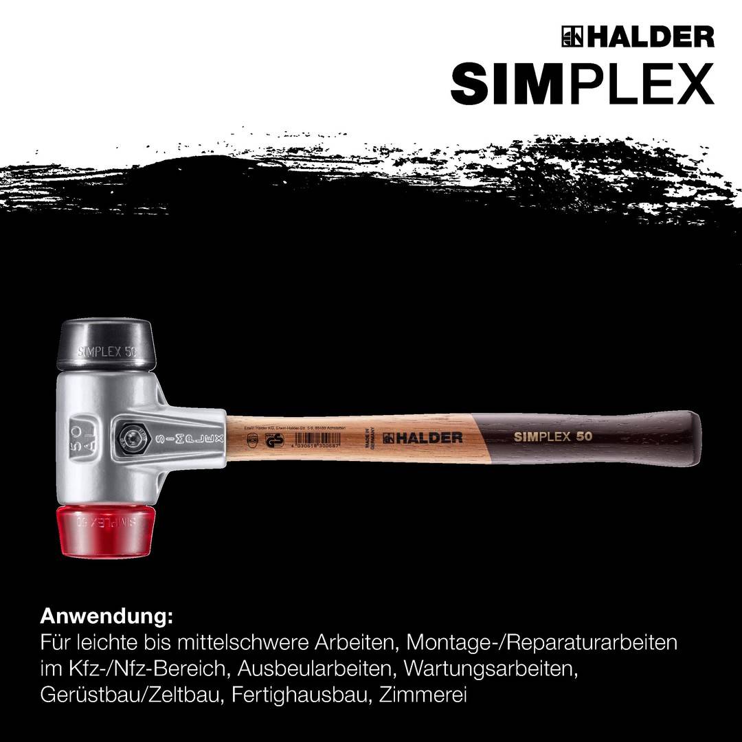 HALDER SIMPLEX Schonhammer Ø 50 mm Gummi schwarz / Plastik rot mit Aluminiumgehäuse