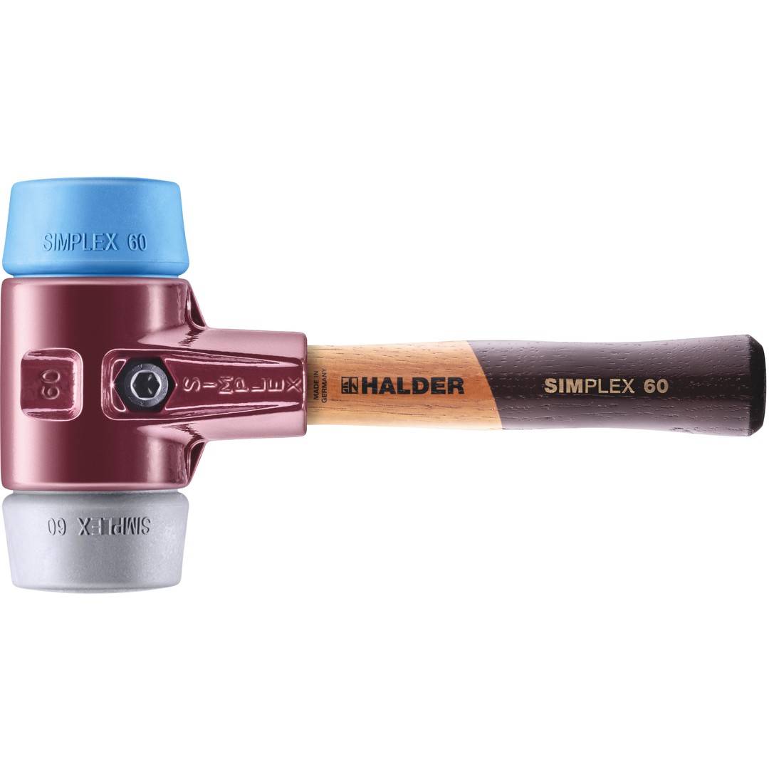 HALDER SIMPLEX Schonhammer Ø 60 mm TPE-soft blau / TPE-mid grau kurzer Stiel mit Tempergussgehäuse