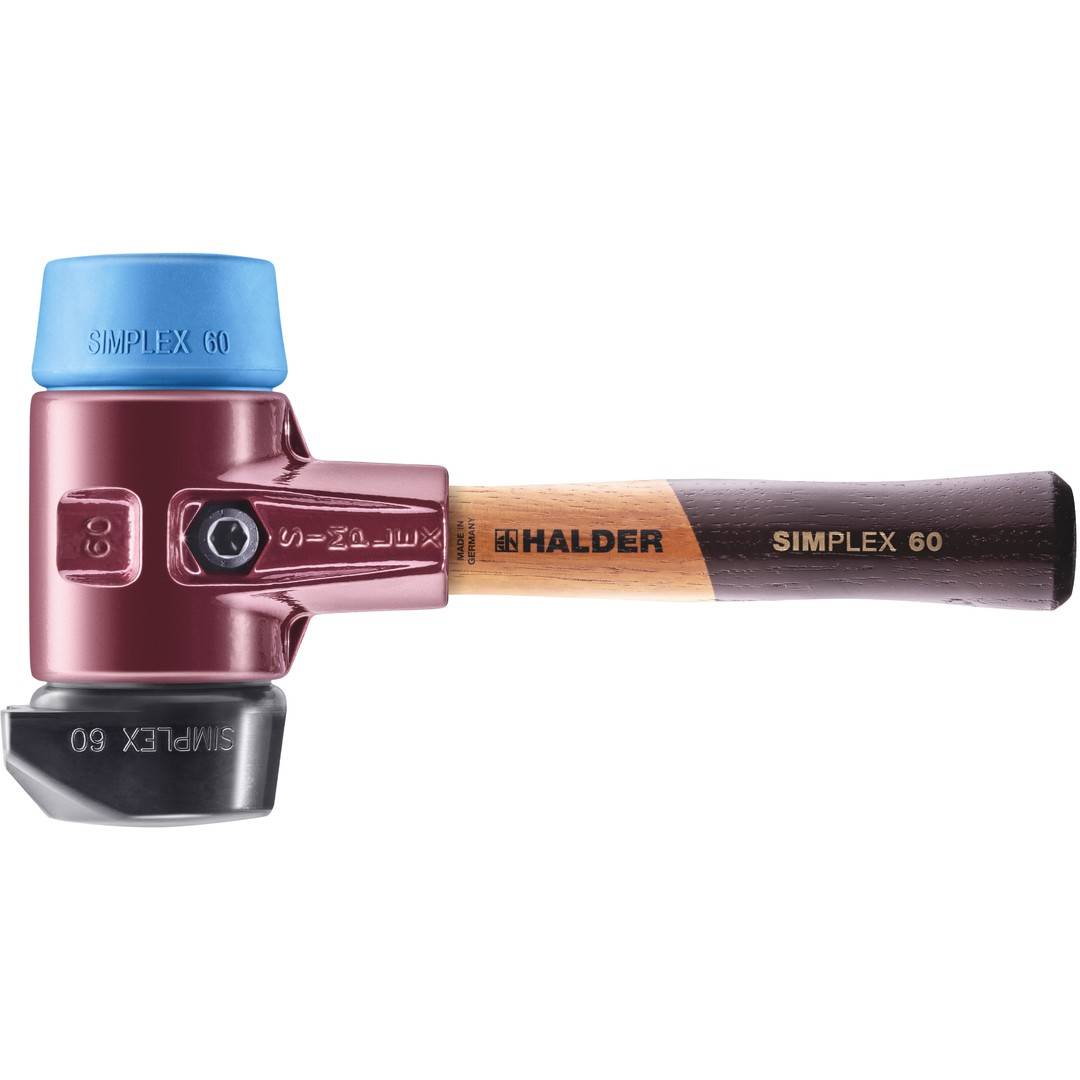 HALDER SIMPLEX Schonhammer Ø 60 mm Gummi schwarz / TPE-soft blau mit Standfuß kurzer Stiel mit Tempergussgehäuse