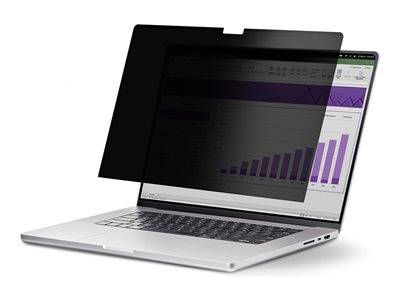 Ein Laptop, dessen Bildschirm durch einen Sichtschutzfilter verdeckt ist, der die Sicht auf ein Diagramm mit violetten Balken von allen Blickwinkeln außer direkten Perspektiven verhindert.