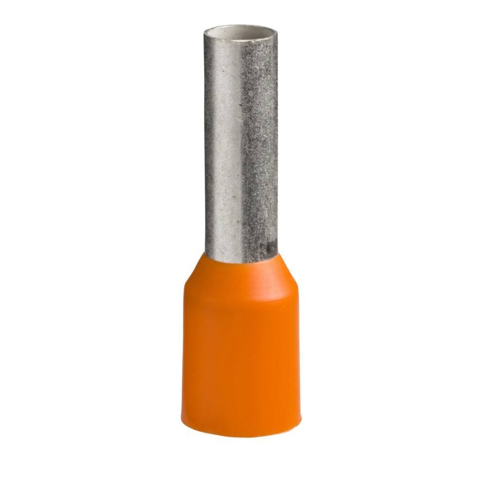 „Eine orange isolierte Aderendhülse für elektrische Verkabelung, bestehend aus einem zylindrischen Metallmantel und einem Plastikkragen zur Sicherung von Drahtenden.