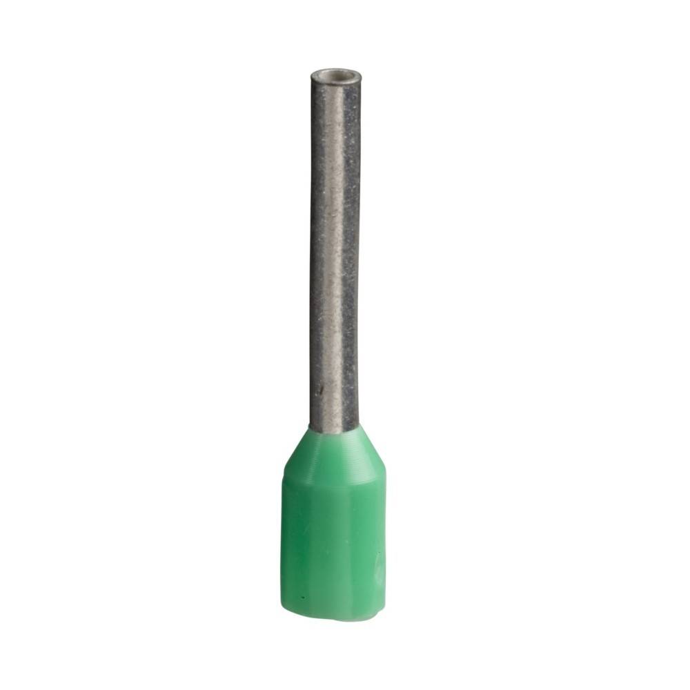Eine grüne isolierte Aderendhülse zum Crimpen. Wird verwendet, um elektrische Drähte für sichere und dauerhafte Verbindungen in Verdrahtungssystemen zu verbinden.