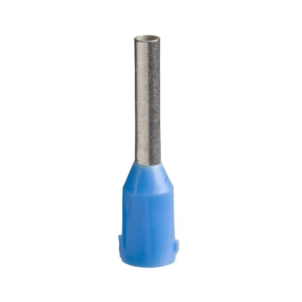 Eine blaue isolierte Ferrule mit einem Metallrohr, verwendet zur elektrischen Kabelendverschlusses, isoliert auf einem weißen Hintergrund.