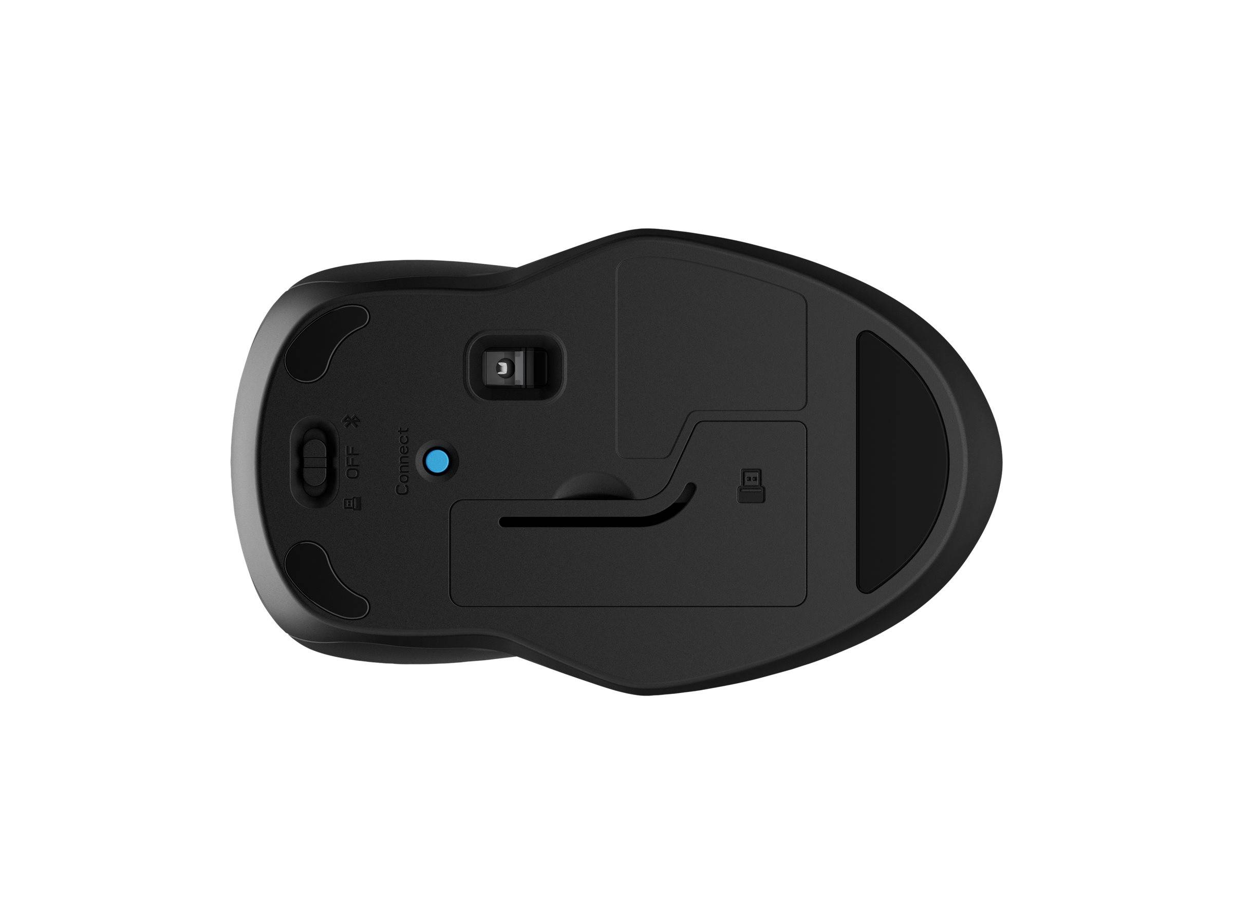 Das Bild zeigt die Unterseite einer schwarzen drahtlosen Computermaus, die einen Einschalter und ein Batteriefach aufweist.