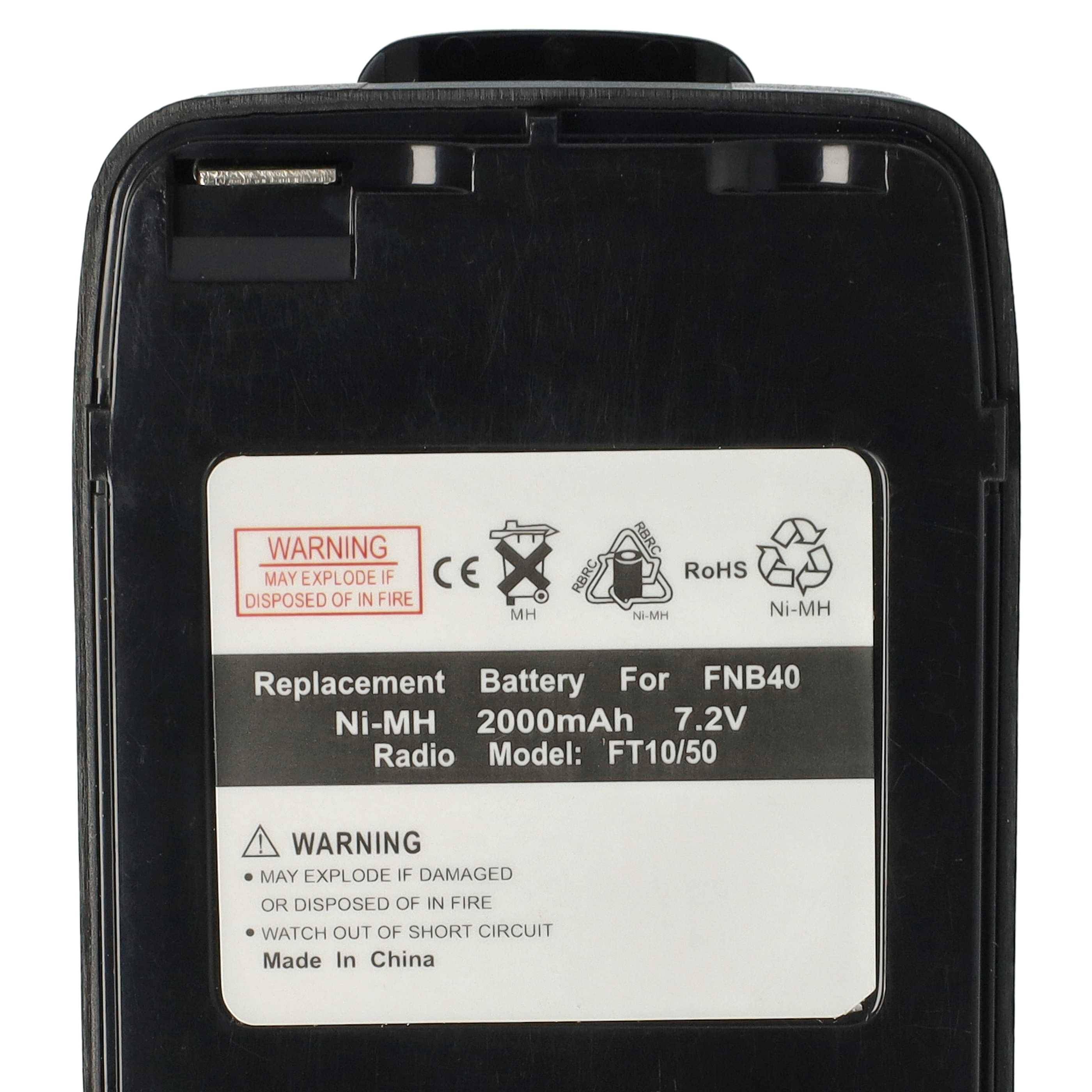 Ersatzbatterie für FNB40, 2000mAh, 7,2V, Ni-MH. Warnung: Kann explodieren, wenn beschädigt. Hergestellt in China.