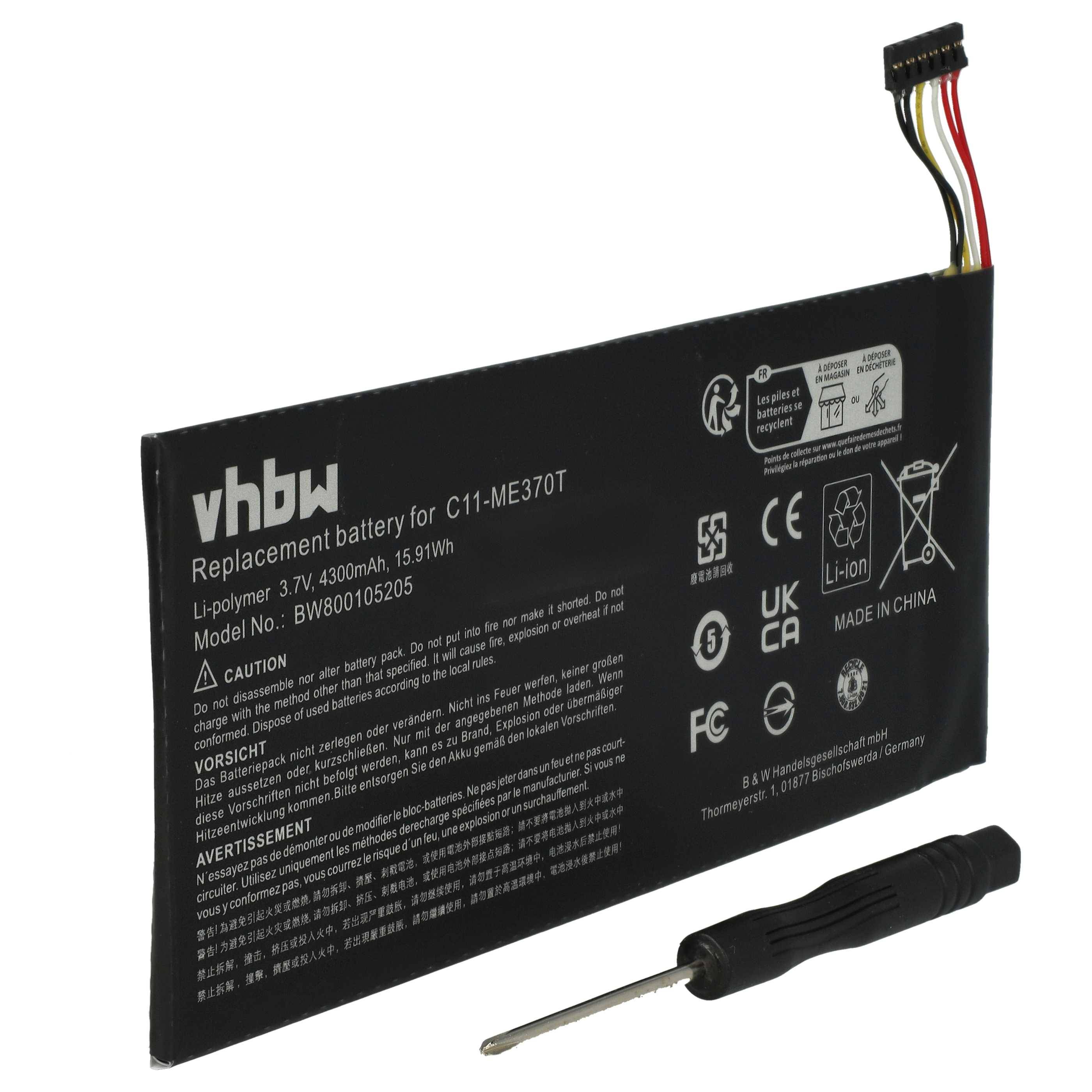 Akku mit Etikett: „vhbw Ersatzakku für C11-ME370T, 3,7V, 4300mAh, 15,91Wh.