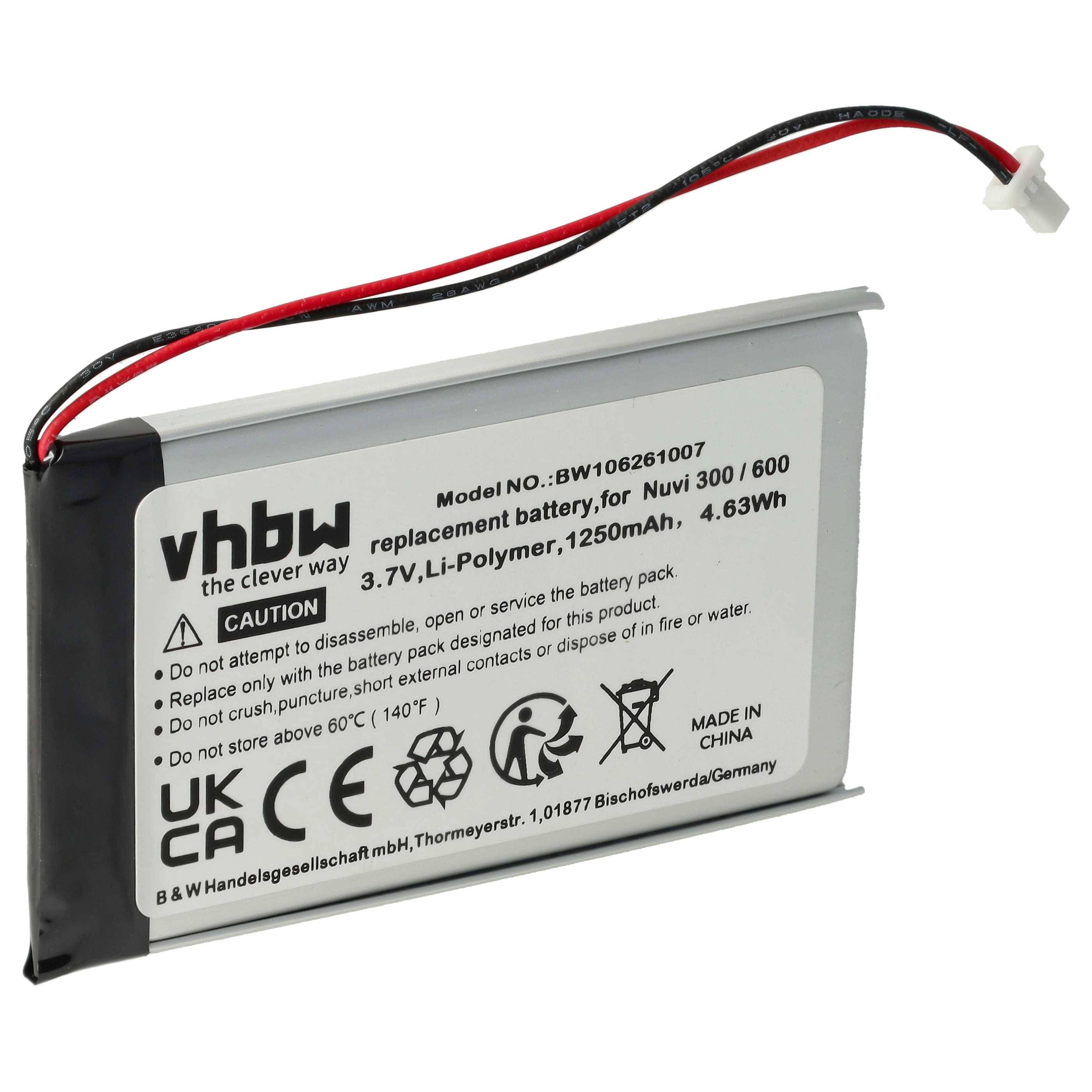 vhbw Akku kompatibel mit Garmin Nüvi 350, 310t, 360, 350t, 370, 360t, 300, 310, 300t GPS Navigation Navi (1250 mAh, 3,7 V, Li-Polymer)