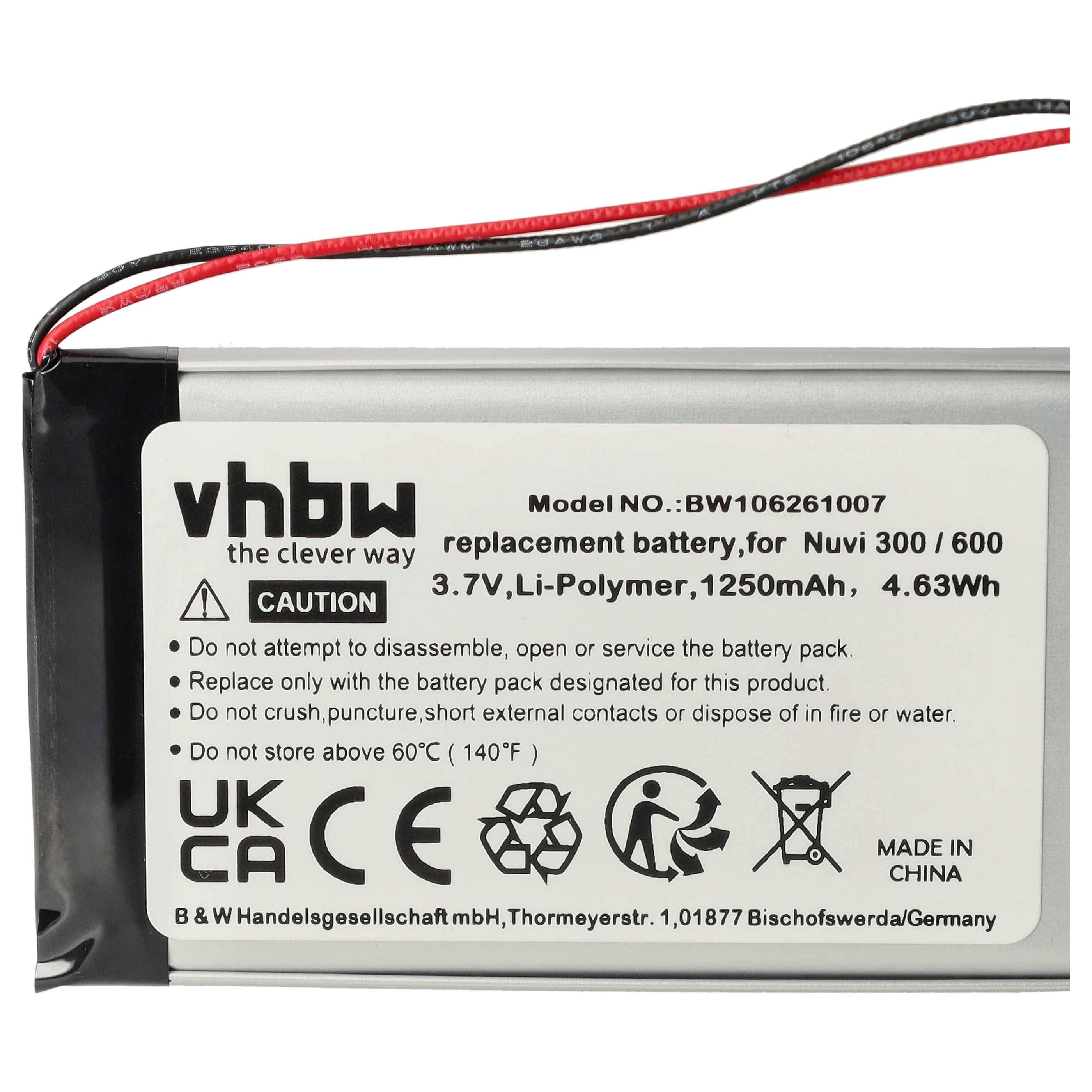 vhbw Akku kompatibel mit Garmin Nüvi 350, 310t, 360, 350t, 370, 360t, 300, 310, 300t GPS Navigation Navi (1250 mAh, 3,7 V, Li-Polymer)