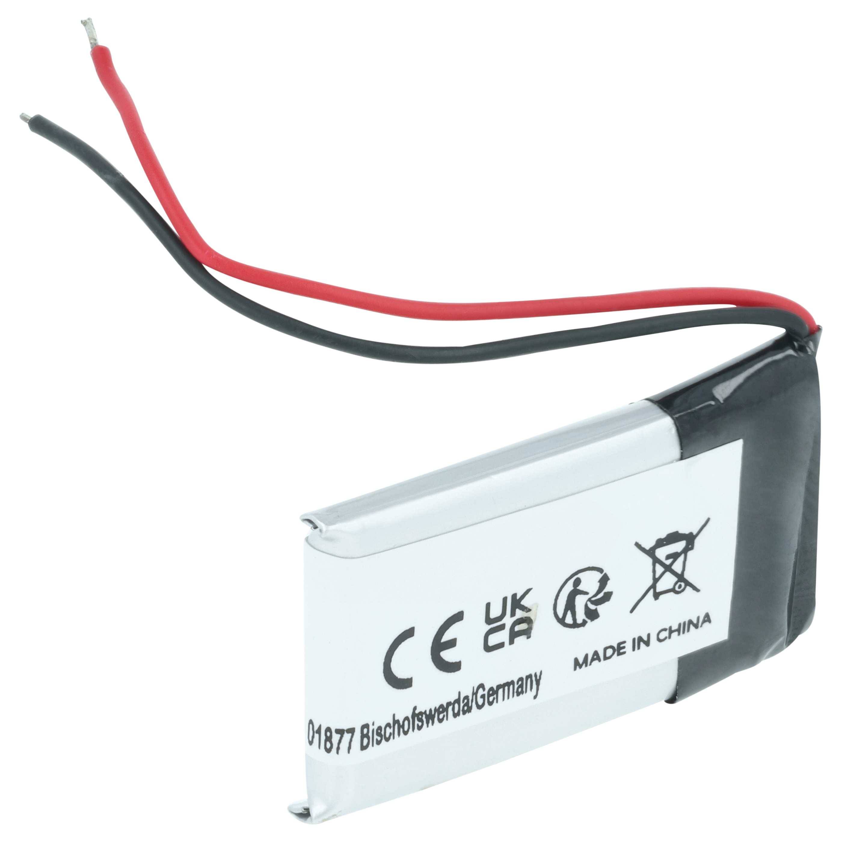 Eine kleine Lithium-Polymer-Batterie mit angebrachten roten und schwarzen Drähten, die Zertifizierungsmarken und ein 