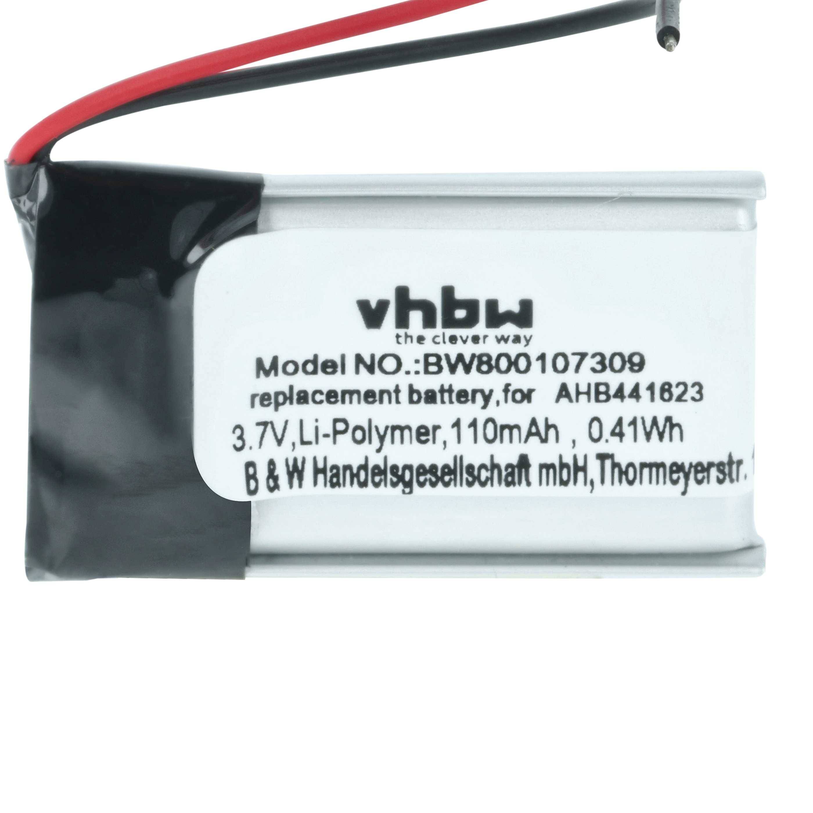 Akku mit Aufschrift: 'vhbw Ersatzakku für BW800107309, 3,7V, Li-Polymer, 110mAh, 0,41Wh.' Rote und schwarze Kabel angeschlossen.