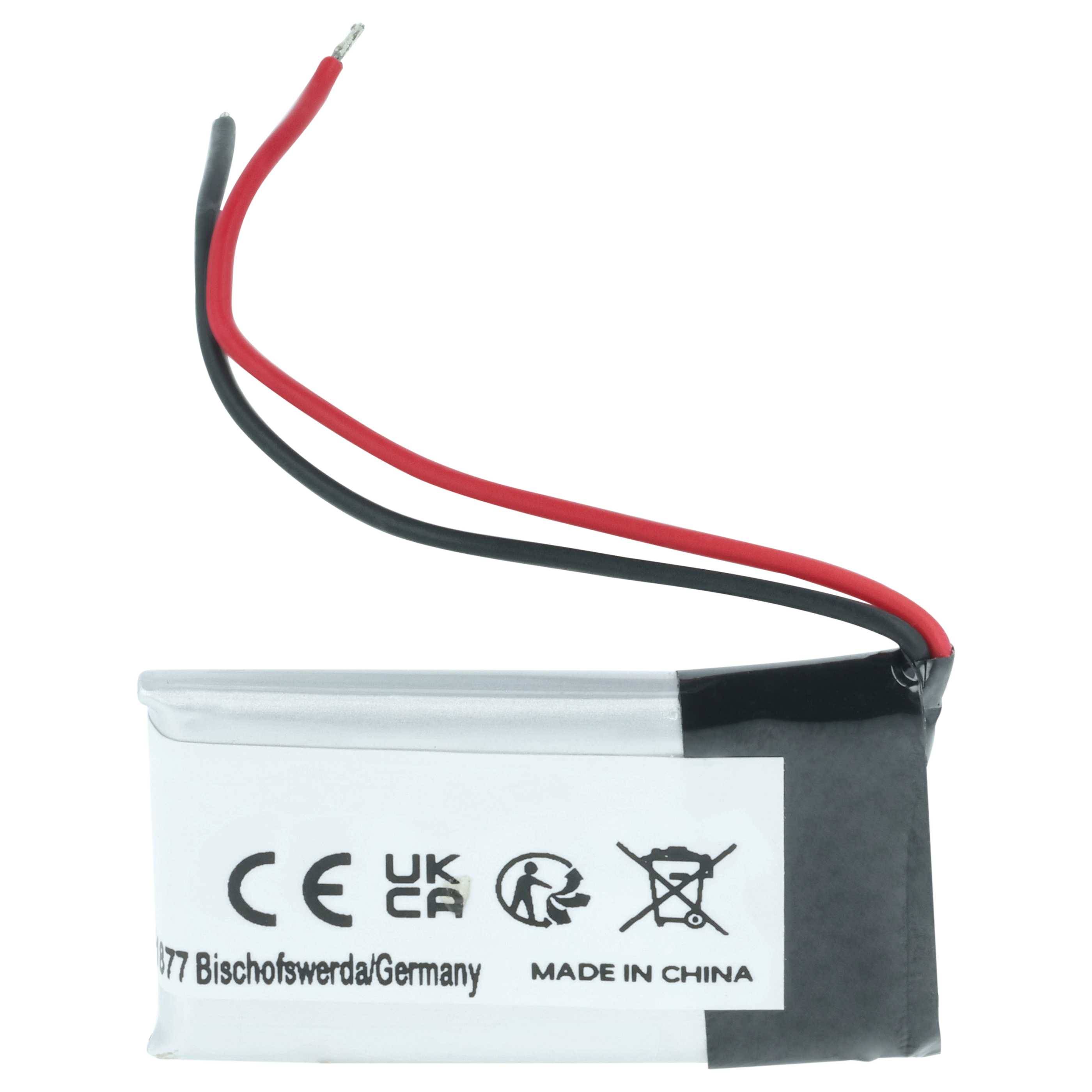 Eine kleine rechteckige Batterie mit roten und schwarzen Kabeln. Die Beschriftung zeigt Zertifizierungen und 'Made in China'.