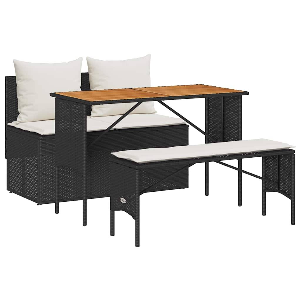 vidaXL 3-tlg. Garten-Essgruppe mit Kissen Schwarz Poly Rattan