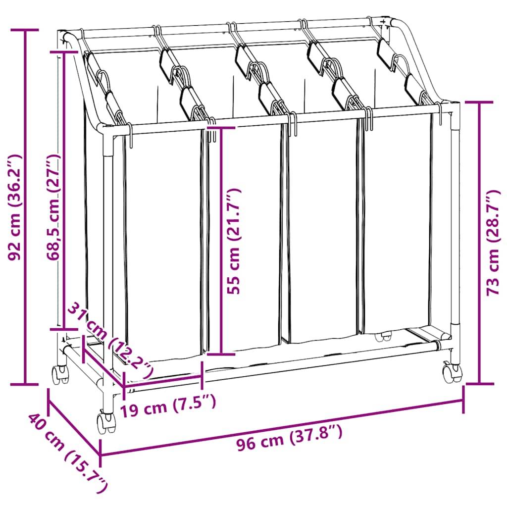 vidaXL Wäschekorb mit Rollen 4 Fächer Grau