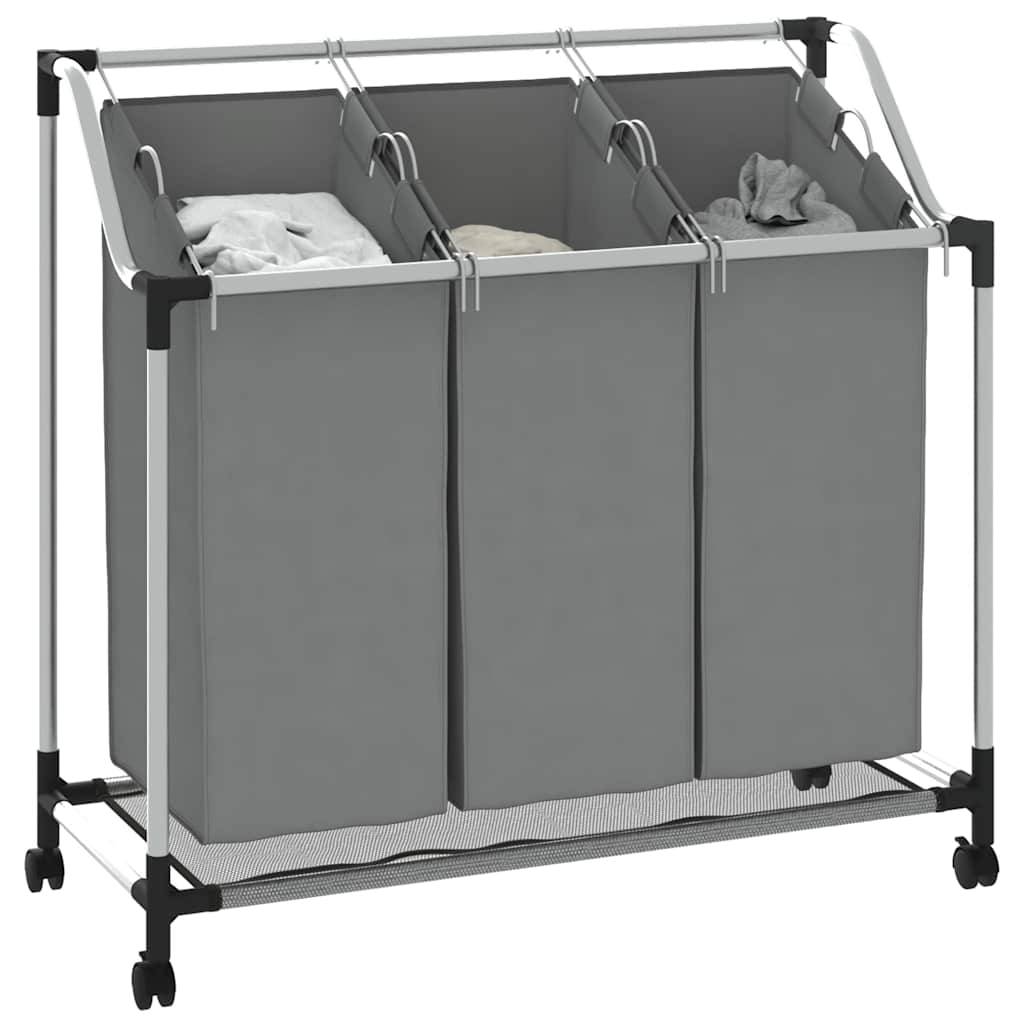 vidaXL Wäschekorb mit Rollen 3 Fächer Grau