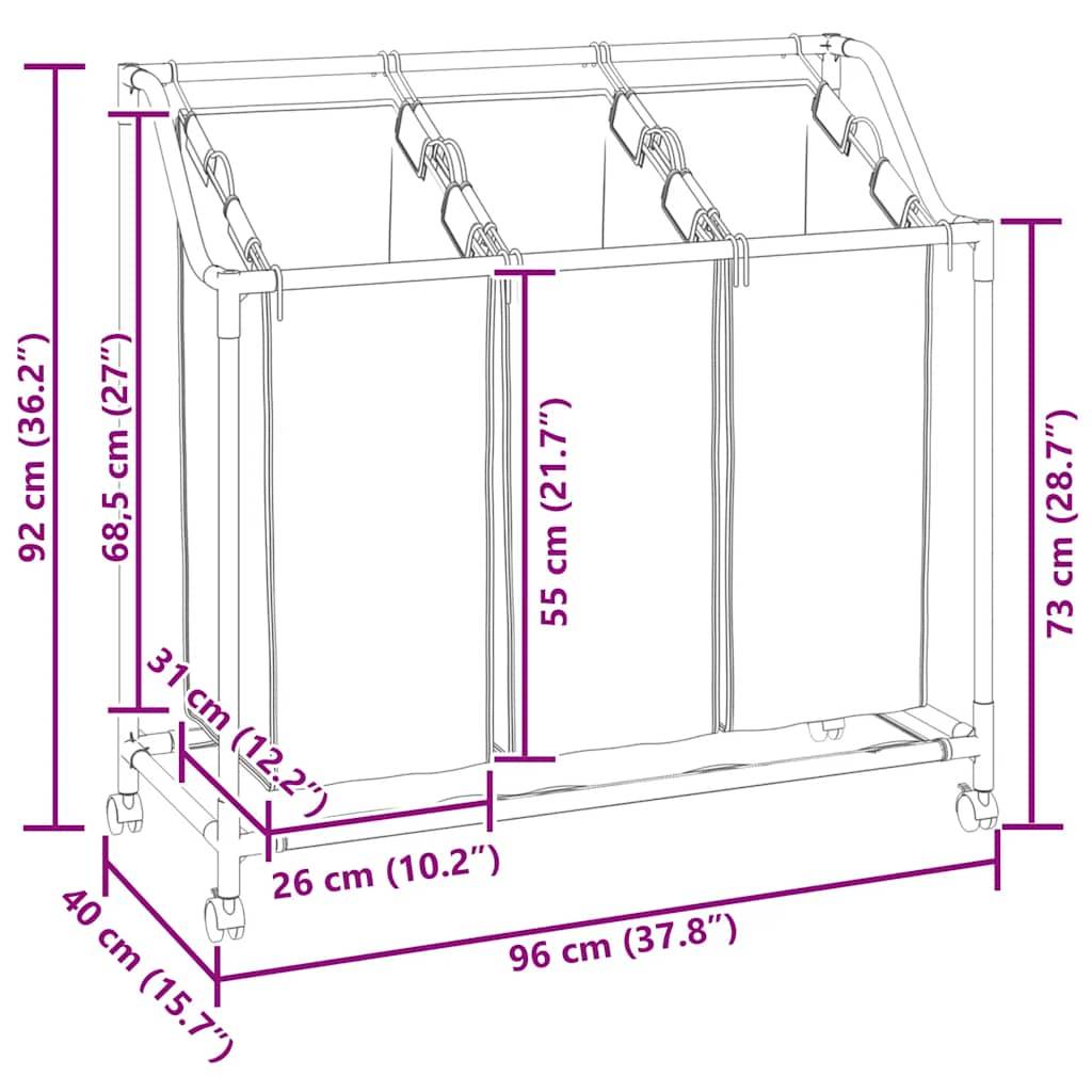 vidaXL Wäschekorb mit Rollen 3 Fächer Grau