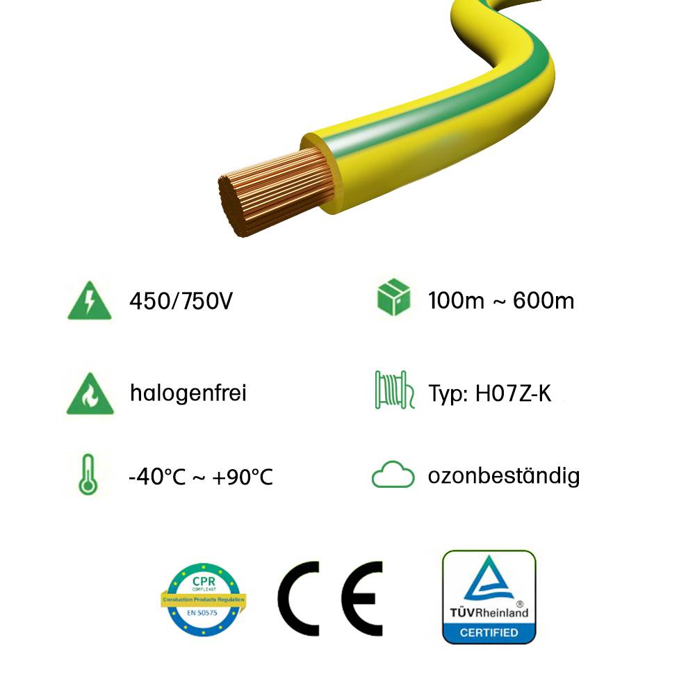 H07Z-K Erdungskabel Grün / Gelb 16mm² 450/750V XLPO