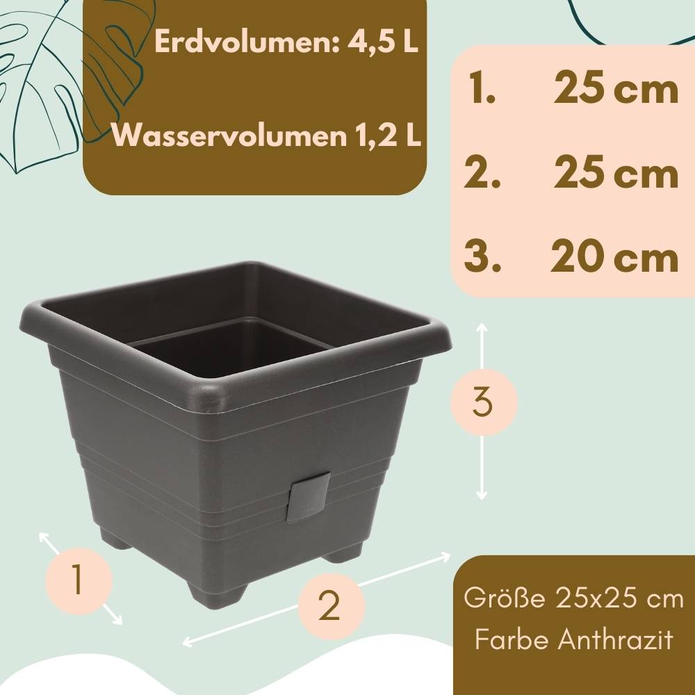 Pflanzkübel Rechteckig Pflanzkübel Groß Außen Blumenkübel Outdoor Pflanztopf Pflanzkasten Blumentopf Wasserspeicher 25x25 cm anthrazit