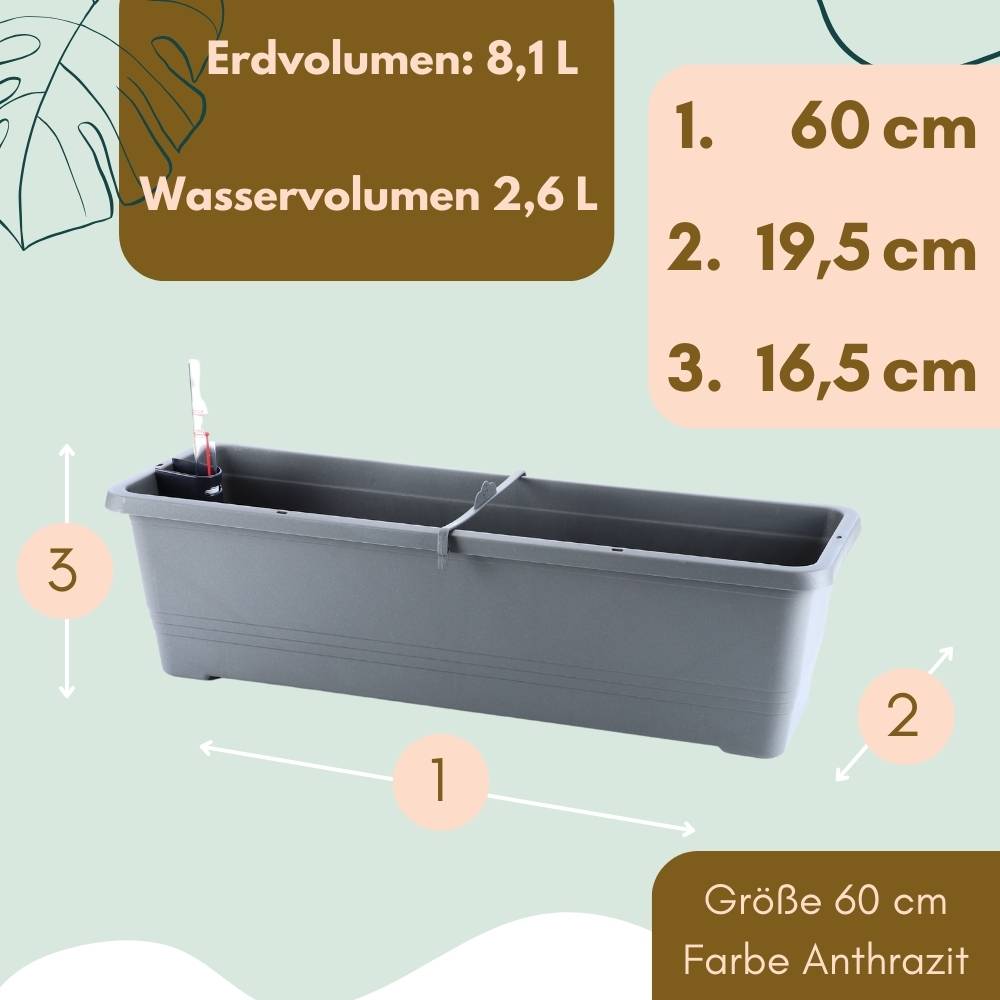 Blumenkasten Fensterbank Außen Blumenkasten Balkongeländer Balkonkasten mit Wasserspeicher Metall Halterung Pflanzkasten Outdoor 60 cm anthrazit