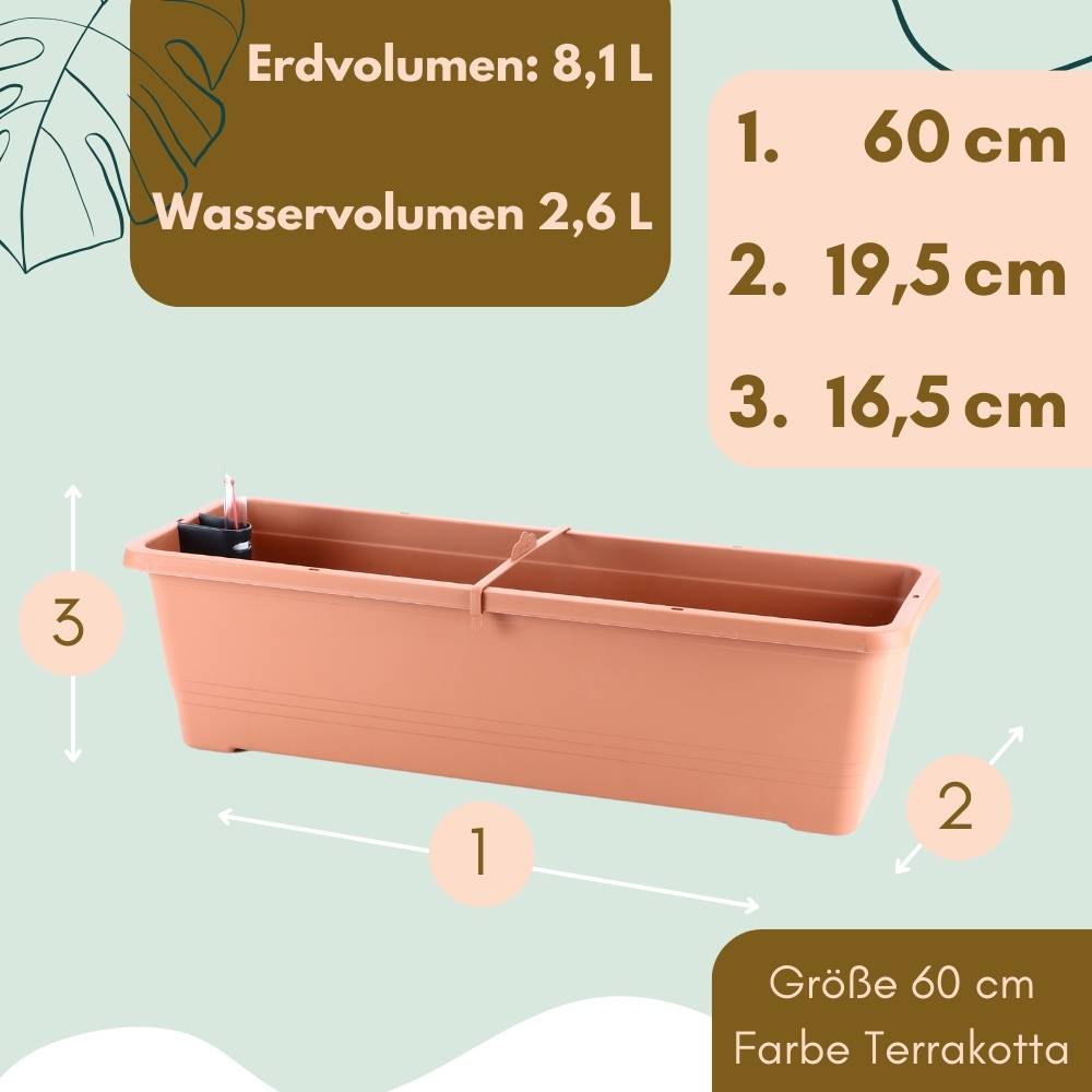 Blumenkasten Fensterbank Außen Blumenkasten Balkongeländer Balkonkasten mit Wasserspeicher Metall Halterung Pflanzkasten Outdoor 60 cm terrakotta