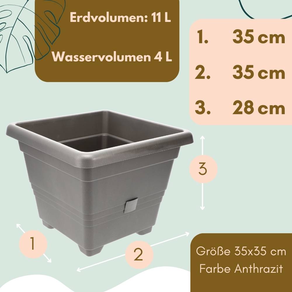 Pflanzkübel Rechteckig Pflanzkübel Groß Außen Blumenkübel Outdoor Pflanztopf Pflanzkasten Blumentopf Wasserspeicher 35x35 cm anthrazit