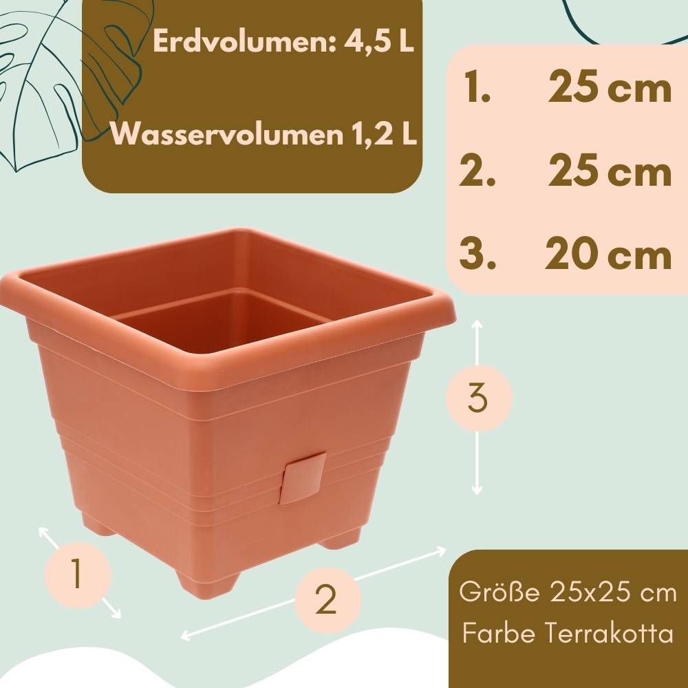 Pflanzkübel Rechteckig Pflanzkübel Groß Außen Blumenkübel Outdoor Pflanztopf Pflanzkasten Blumentopf Wasserspeicher 25x25 cm terrakotta