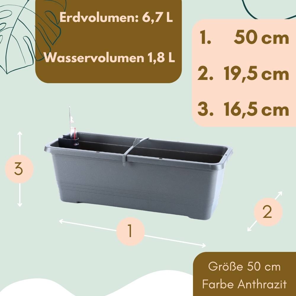 Blumenkasten Fensterbank Außen Blumenkasten Balkongeländer Balkonkasten mit Wasserspeicher Metall Halterung Pflanzkasten Outdoor 50 cm anthrazit